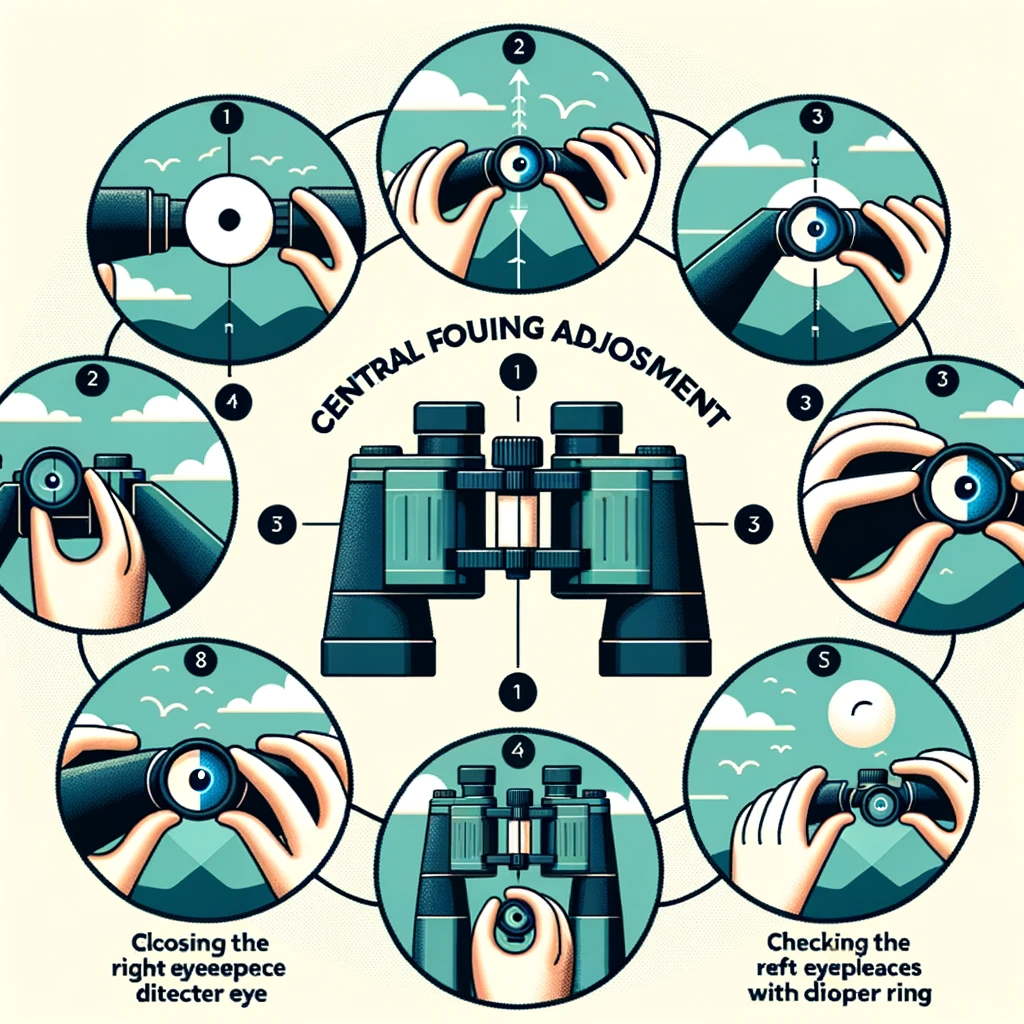 Infographic detailing the process of adjusting the diopters on individual focusing binoculars. Steps involve: 1. Choosing a distant object and focusing the dominant eye using its respective diopter ring. 2. Closing the dominant eye and adjusting the non-dominant eye until sharp focus is achieved.